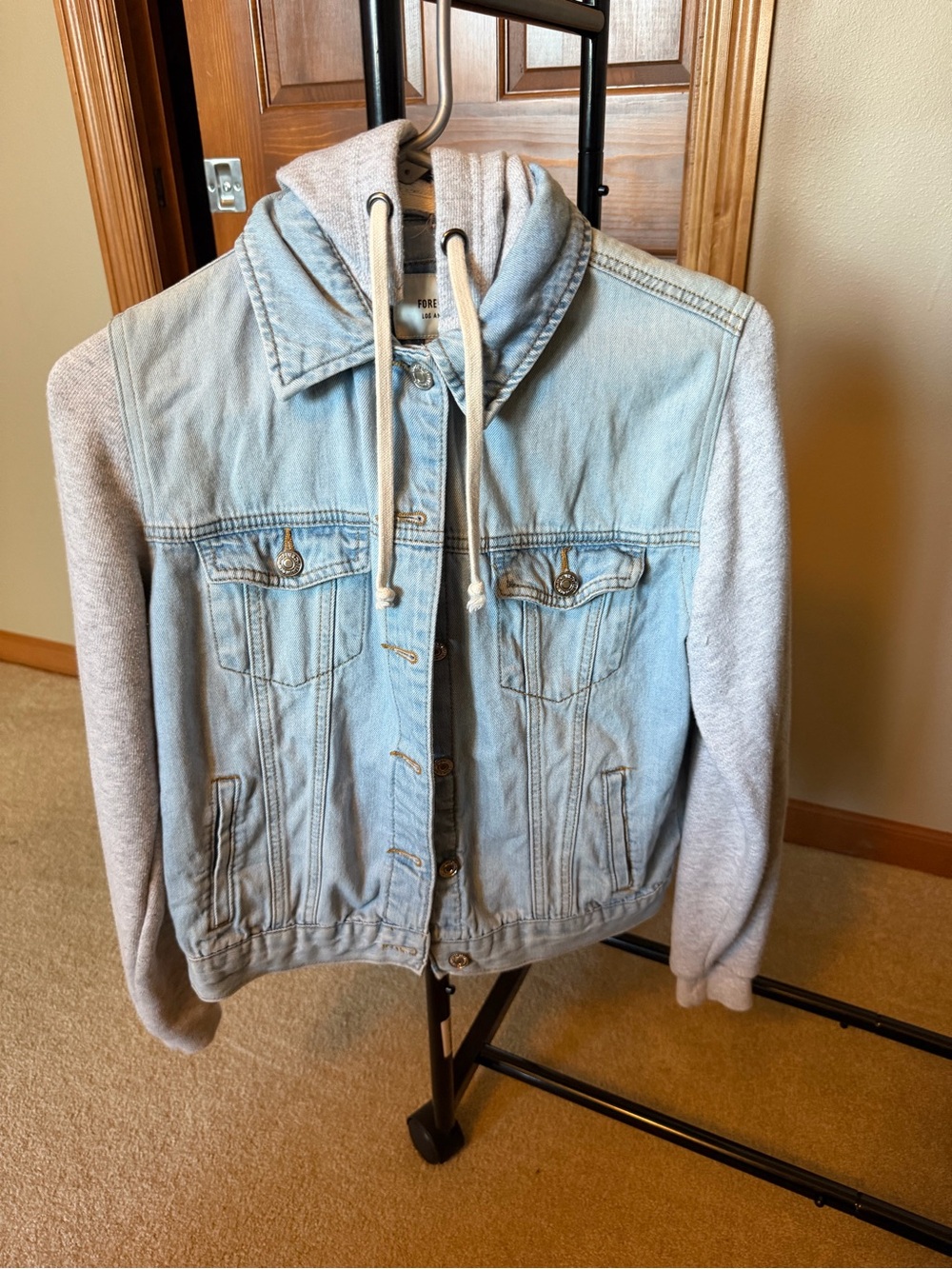 Forever 21 Light Blue Denim Jacket with Gray Hoodie Sleeves